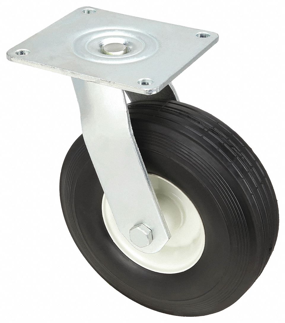 Plate Caster: Swivel, 8 in Wheel Dia., 2 1/2 in Wheel Wd, 10 in Mounting Ht, Rubber