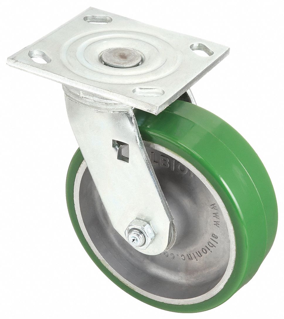 Plate Caster: Swivel, No Brake, Polyurethane, 6 in Wheel Dia., 2 in Wheel Wd, Slot, Rectangle