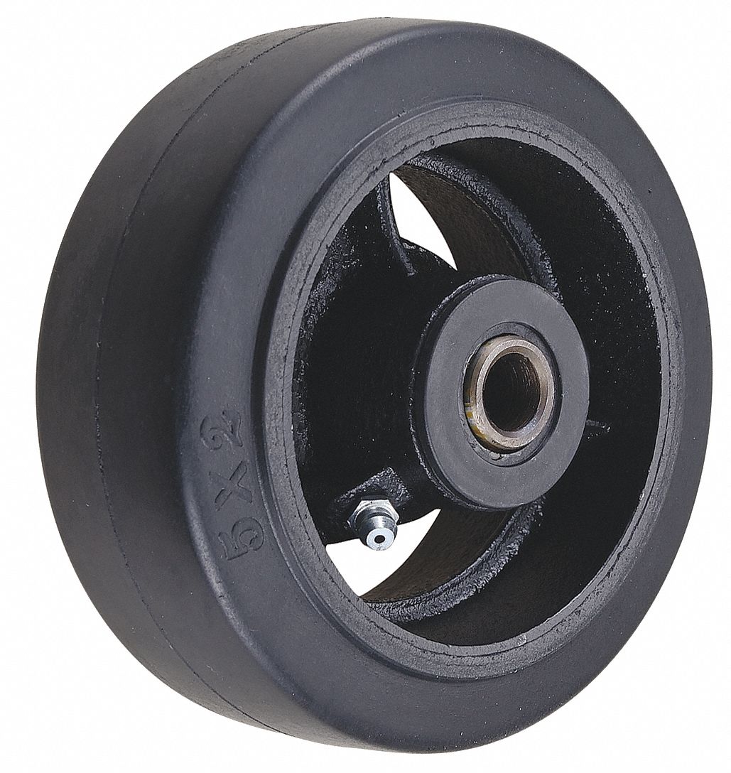 RUBBER TREAD ON IRON CORE WHEEL, 5 IN WHEEL DIAMETER, 2 IN WHEEL W, 2½ IN HUB L