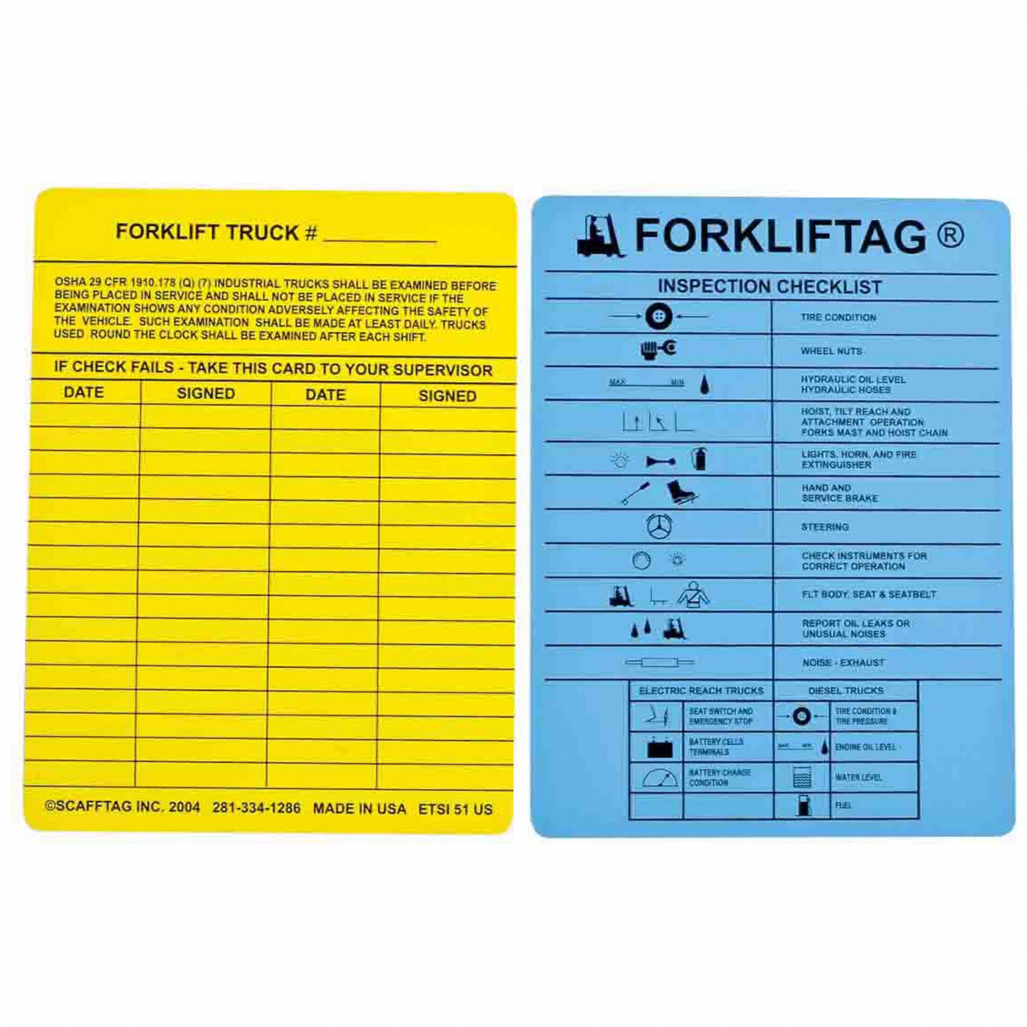 Tag: Forklift, 7 5/8 in Wd, 5 3/4 in Ht, Black/Blue/White/Yellow, Polyester, 0.01 in Thick, 100 PK