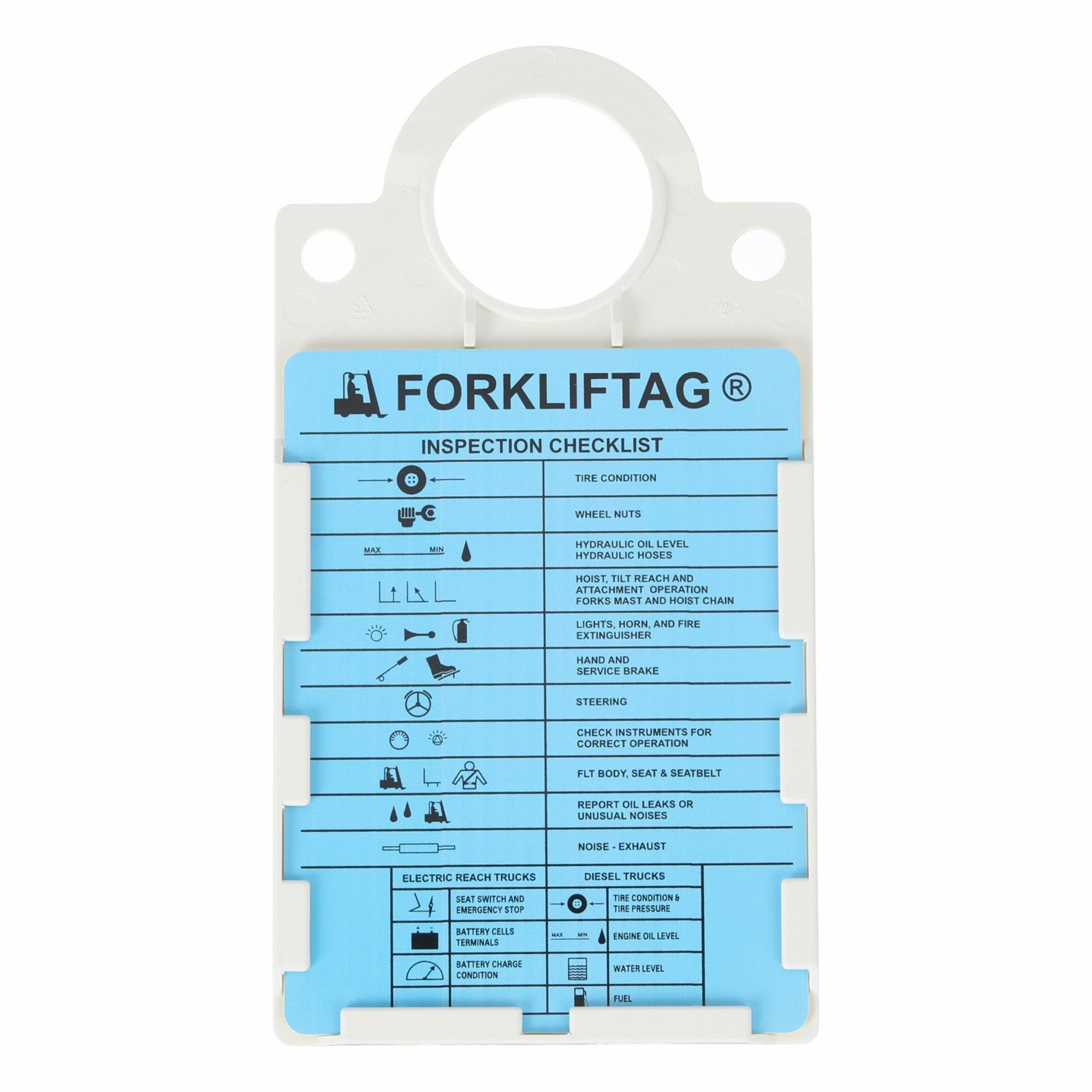 Tag: Forklift, 6 in Wd, 11 1/2 in Ht, Blue/White/Yellow, Plastic, Rectangle, English, Indoor/Outdoor