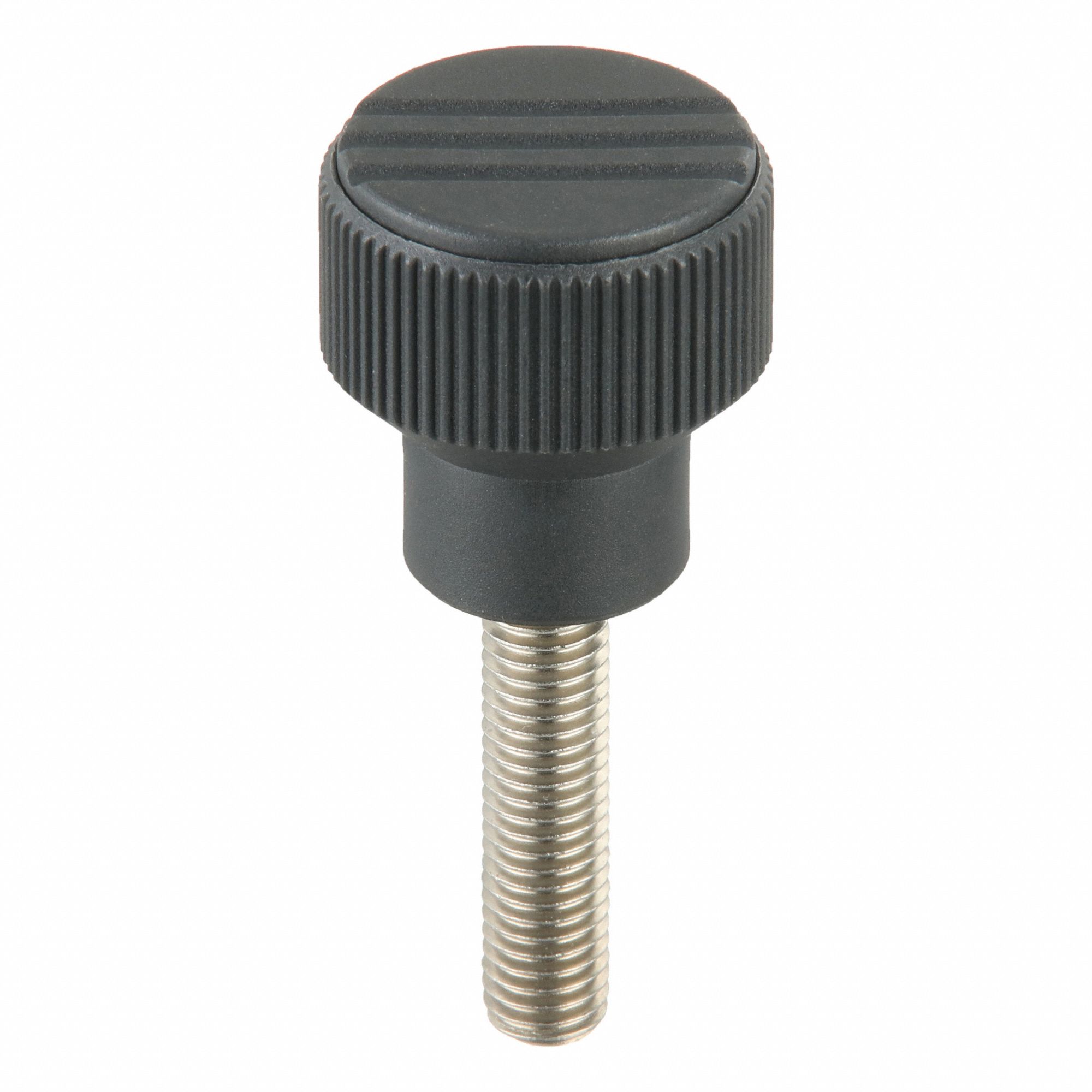 Hand Knob: Knurled, Plastic w/ SS Thread, M10 Thread, 40 mm Thread Lg, 34 mm Dia, Gray