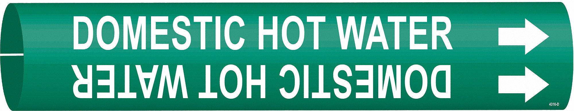 Pipe Marker: Domestic Hot Water, Green, White, Fits 4 to 6 in Pipe O.D., 1 Pipe Markers, With Arrows