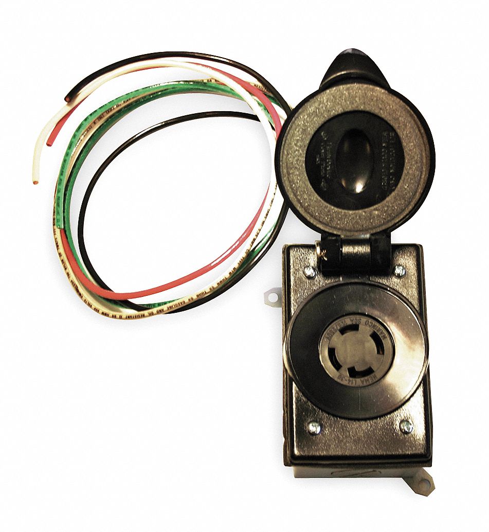 Prewired Receptacle: 125/250V AC, L14-30R, Bare Wire, 10 AWG Wire Size, 4 Wires