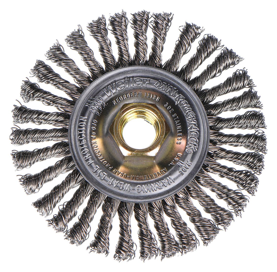 WIRE WHEEL BRUSH, STAINLESS STEEL STRINGER BEAD, 4 IN DIAMETER X 3/16 IN W, 5/8