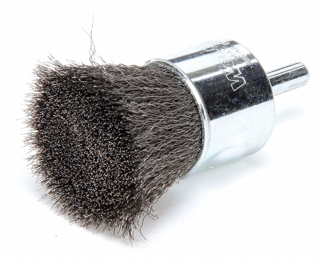 WEILER 1 in Crimped Wire End Brush, 1/4 in Shank, 0.006 in Wire Dia., 7