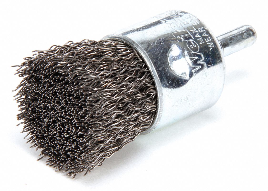 WEILER 1 in Crimped Wire End Brush, 1/4 in Shank, 0.014 in Wire Dia., 1