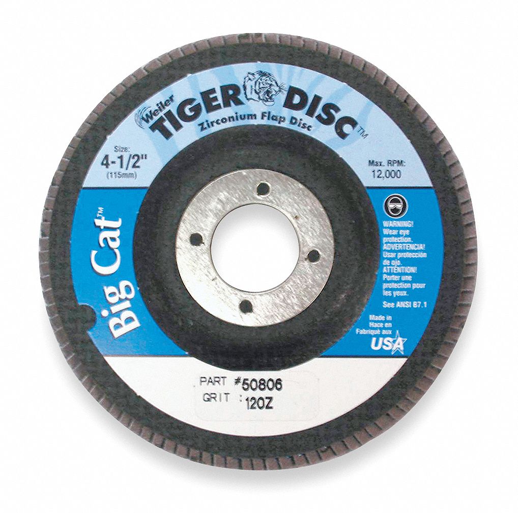 Flap Disc: Type 27, 4-1/2" x 7/8", Zirconia Alumina, 120 Grit, Phenolic Bk, High Density