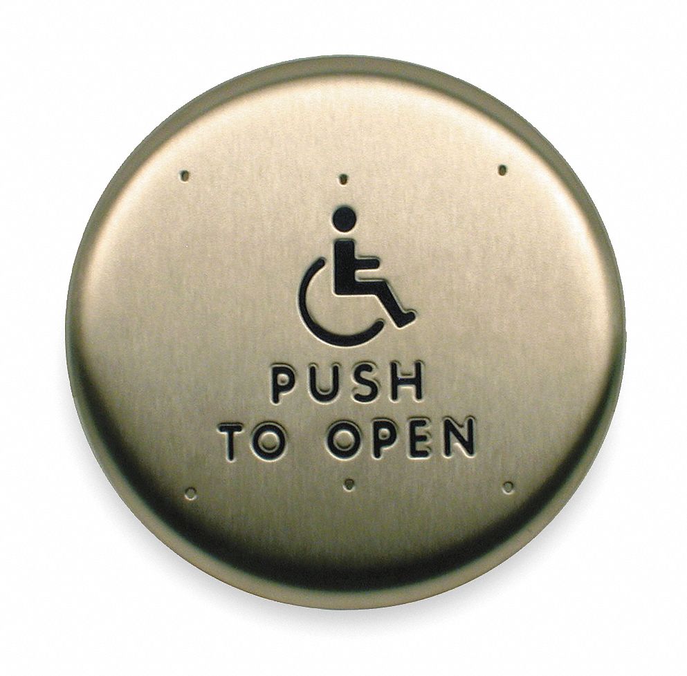 Exit Push Button: 6 in Ht, 1 1/2 in Dp, 6 in Wd, ADA Compliant, Stainless Steel, Gray