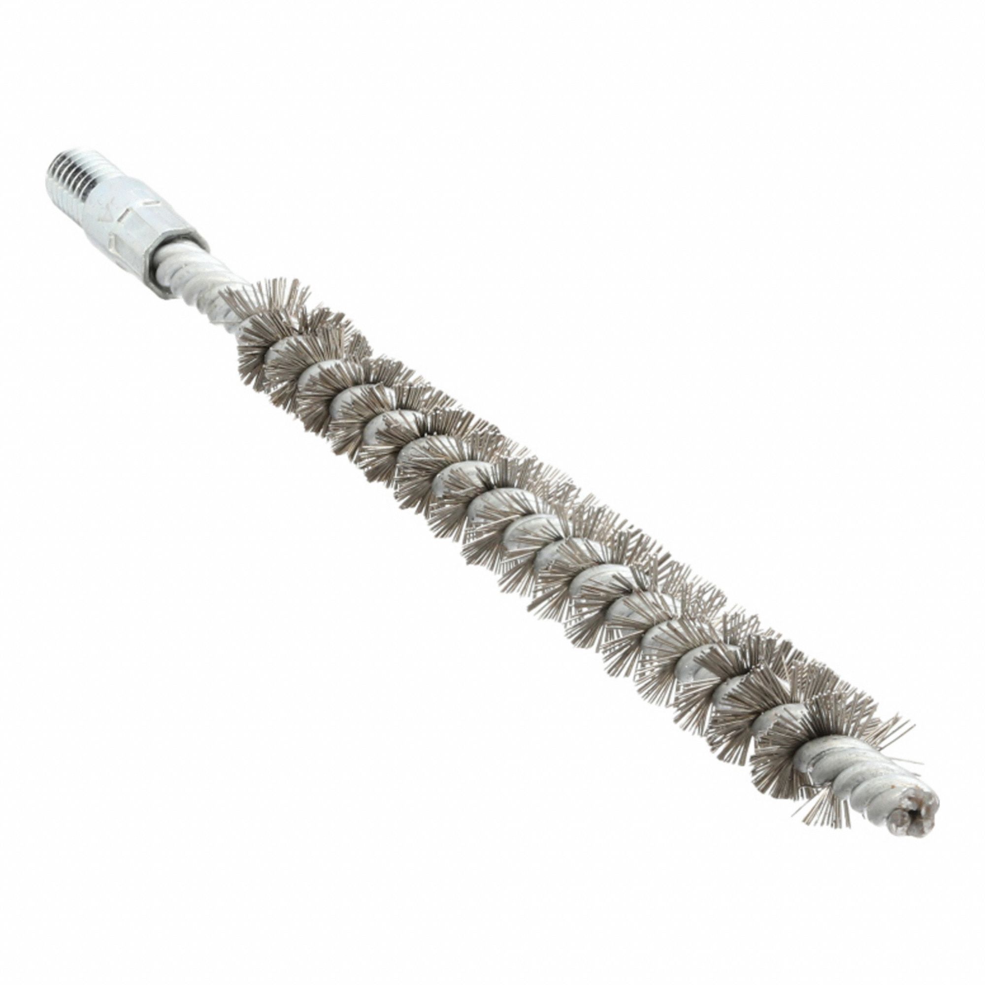 Tube Brush: 8-32 Male, 1/4 in Overall Dia, 3 in Brush Lg, Single Spiral, Double Stem, Steel