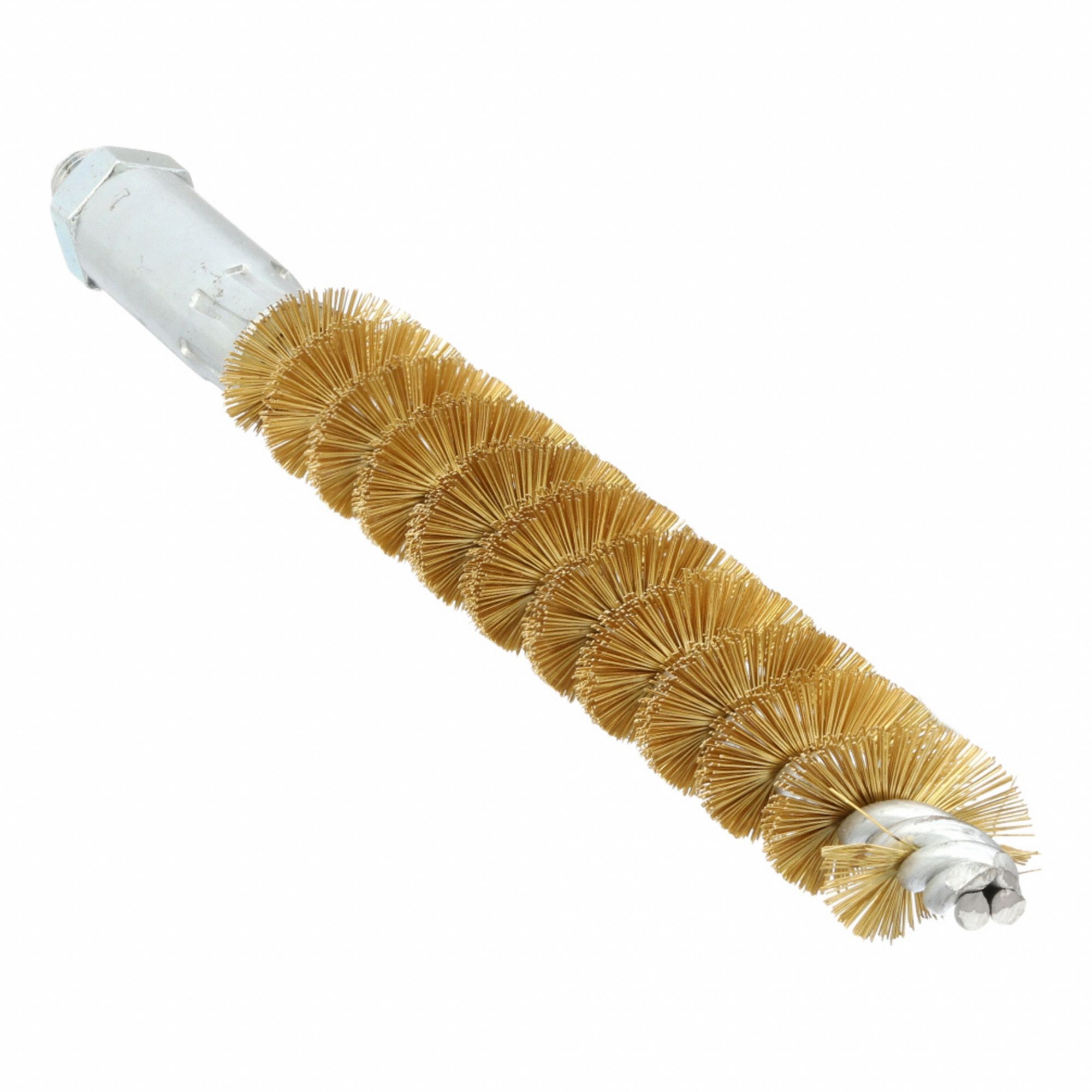 Tube Brush: 1/4"-28 Male, 1/2 in Overall Dia, 4 in Brush Lg, Single Spiral, Double Stem, Brass