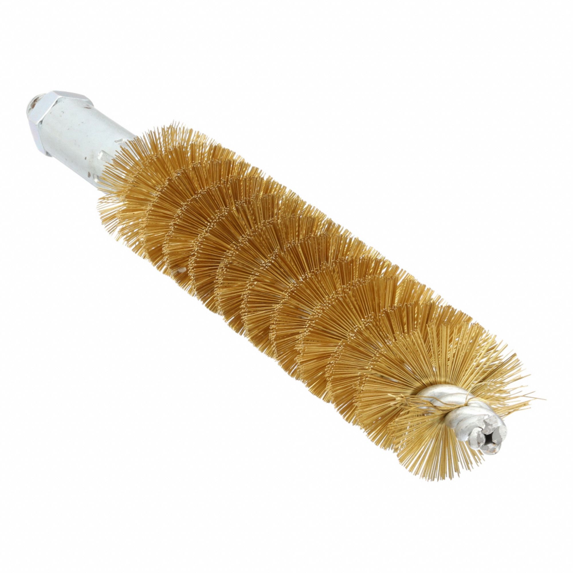 Tube Brush: 1/4"-28 Male, 3/4 in Overall Dia, 4 in Brush Lg, Single Spiral, Double Stem, Brass
