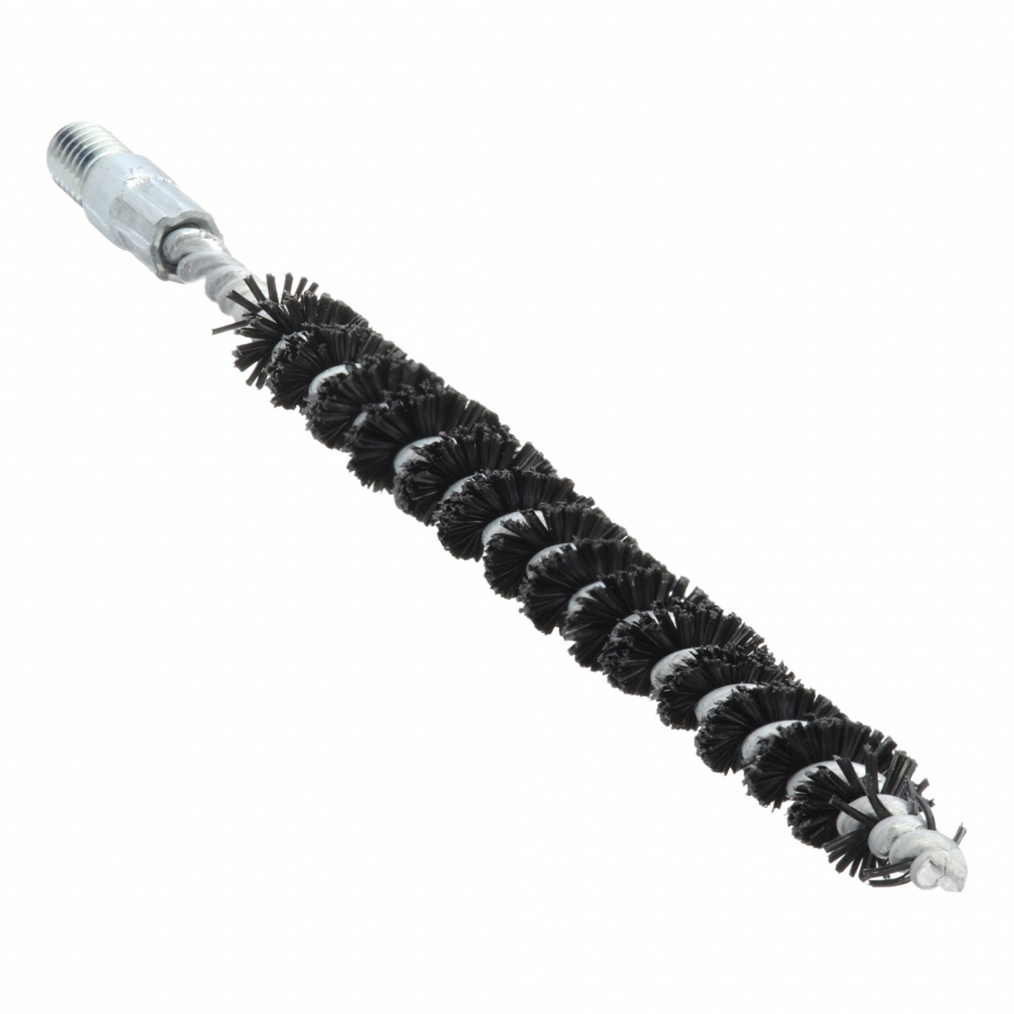Tube Brush: 8-32 Male, 1/4 in Overall Dia, 3 in Brush Lg, Single Spiral, Single Stem, Nylon, Steel