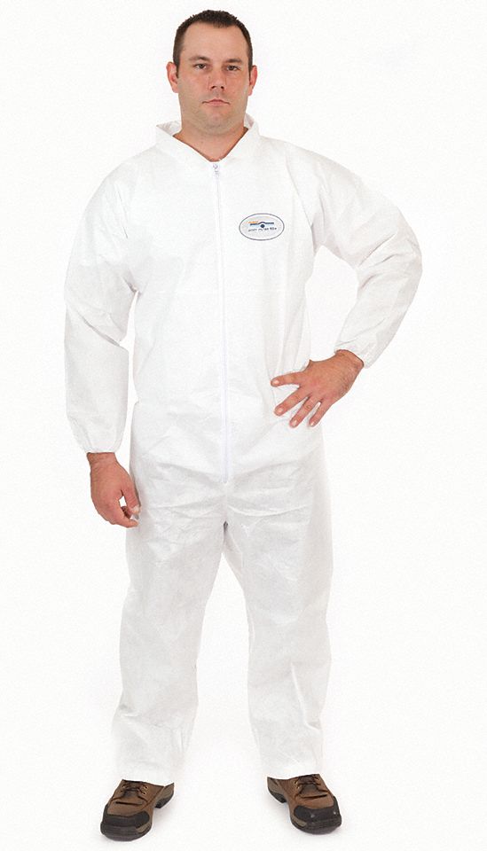COLLARED DISPOSABLE COVERALLS, NON-WOVEN LAMINATE, ELASTIC CUFFS/ANKLES, WHITE, XL