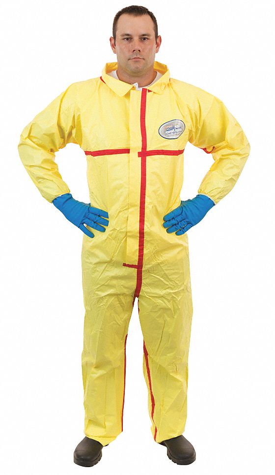 COLLARED CHEM-RESISTANT COVERALLS, NON-WOVEN LAMINATE, ELASTIC CUFFS/ANKLES, L, 6 PK