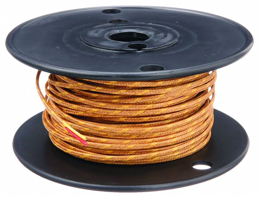 THERMOCOUPLE WIRE, TYPE K, 20 AWG WIRE SIZE, 100 FT WIRE L, SOLID, GLASS BRAID, BROWN