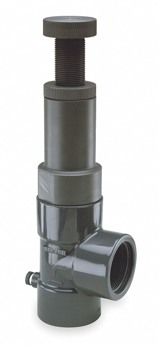 Adjustable Relief Valve: PVC, FNPT, FNPT, 3/4 in Inlet Size, 3/4 in Outlet Size, 5 to 75 psi