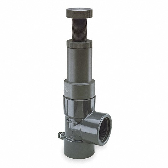 Adjustable Relief Valve: PVC, FNPT, FNPT, 3/4 in Inlet Size, 3/4 in Outlet Size, 5 to 75 psi