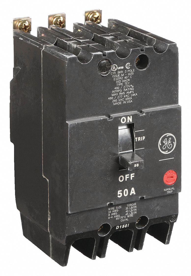 GE MOLDED CASE CIRCUIT BREAKER, 50 AMPS, 14KA AT 277/480V AC