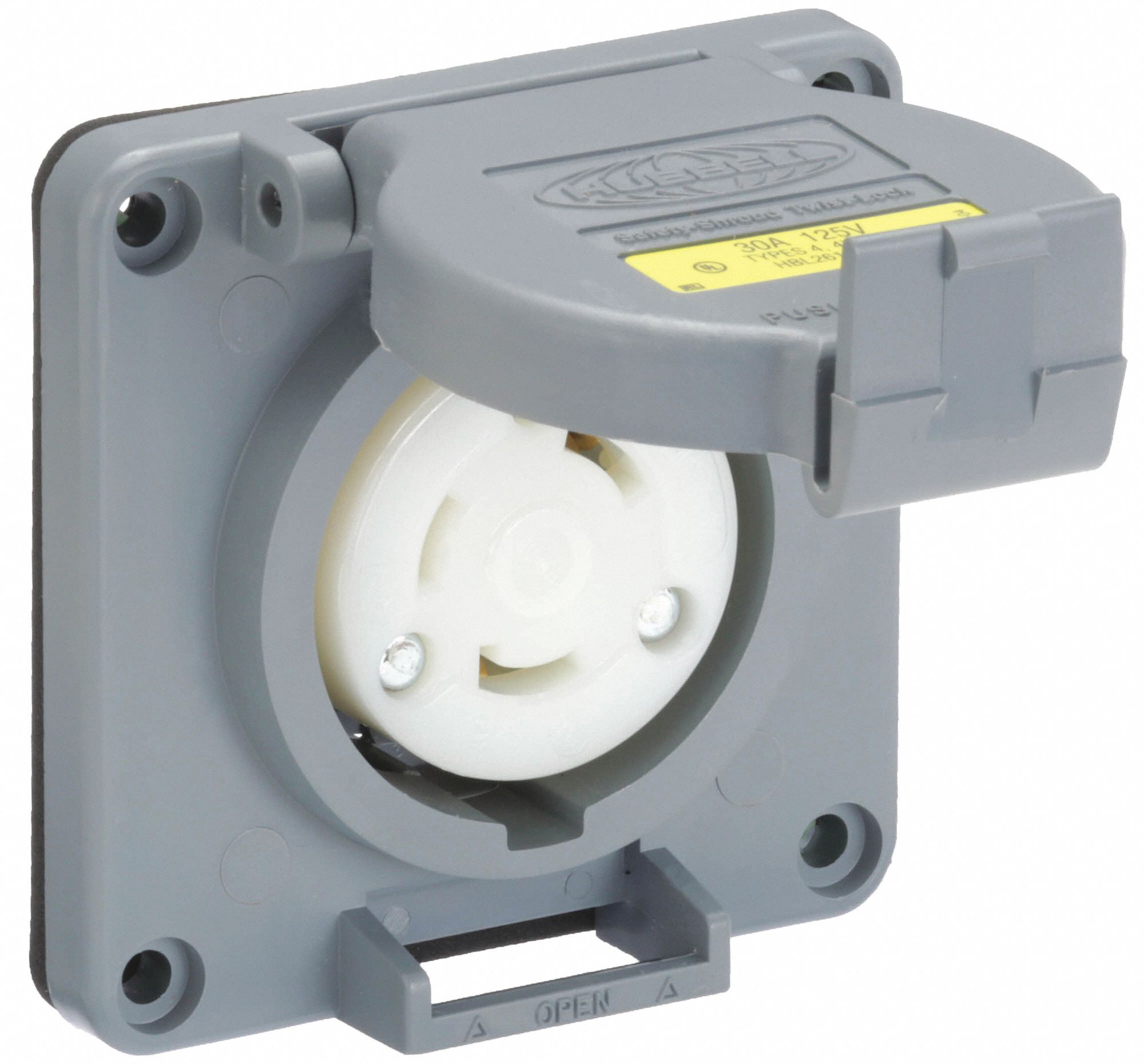 WATERTIGHT LOCKING RECEPTACLE, L5-30R, NON-FLANGED, 30 A, 125V AC, 2 POLES, GREY, SHROUDED, 1 GANG