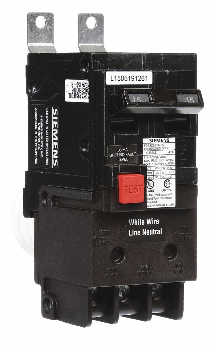 Miniature Circuit Breaker: 15 A Amps, 120/240V AC, 2 Poles, Ground Fault Equipment Protection