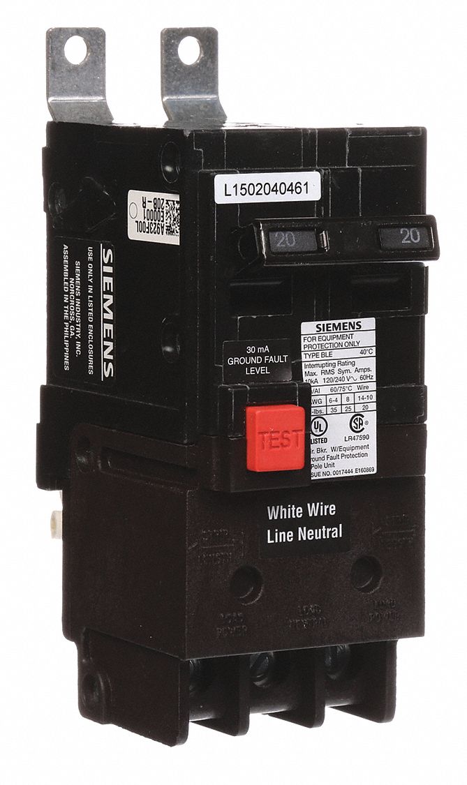 Miniature Circuit Breaker: 20 A Amps, 120/240V AC, 2 Poles, Ground Fault Equipment Protection