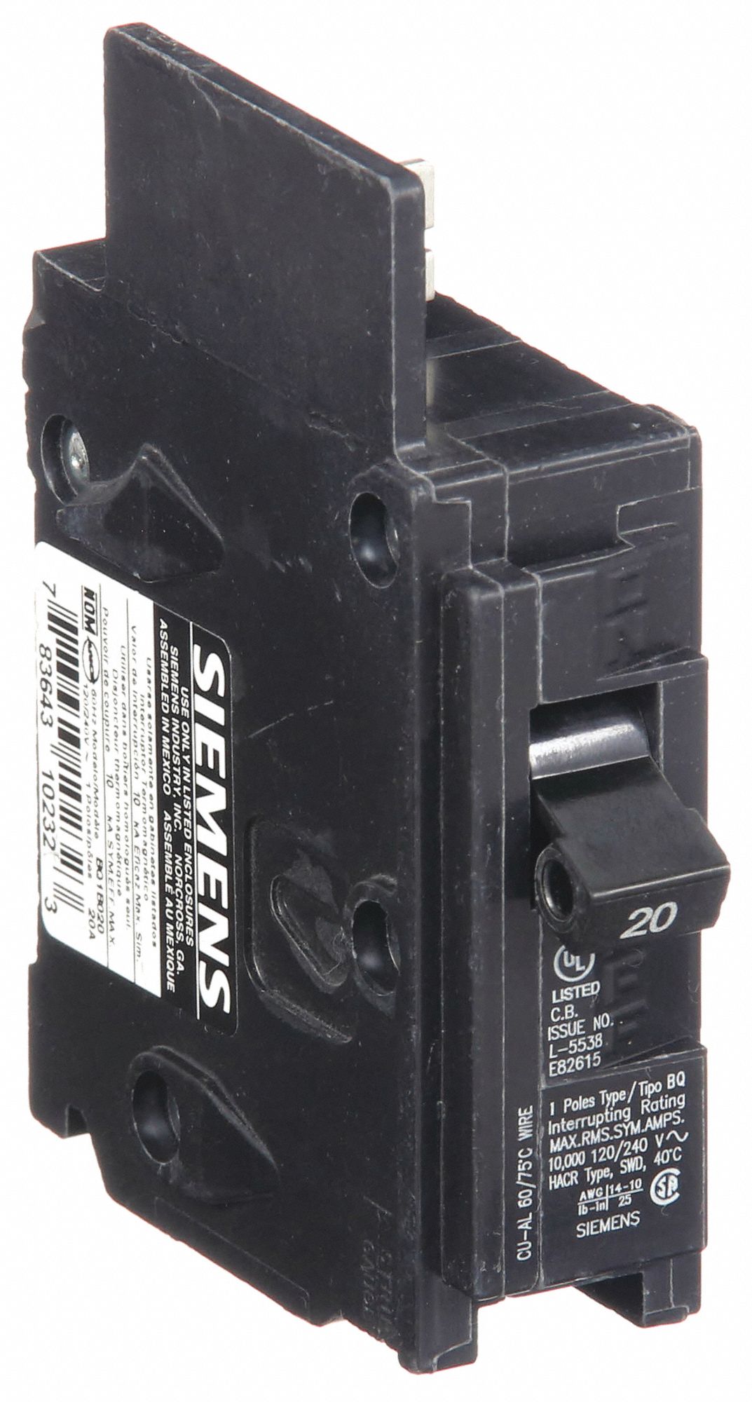 Miniature Circuit Breaker: 20 A Amps, 120V AC, 1 Poles, Std