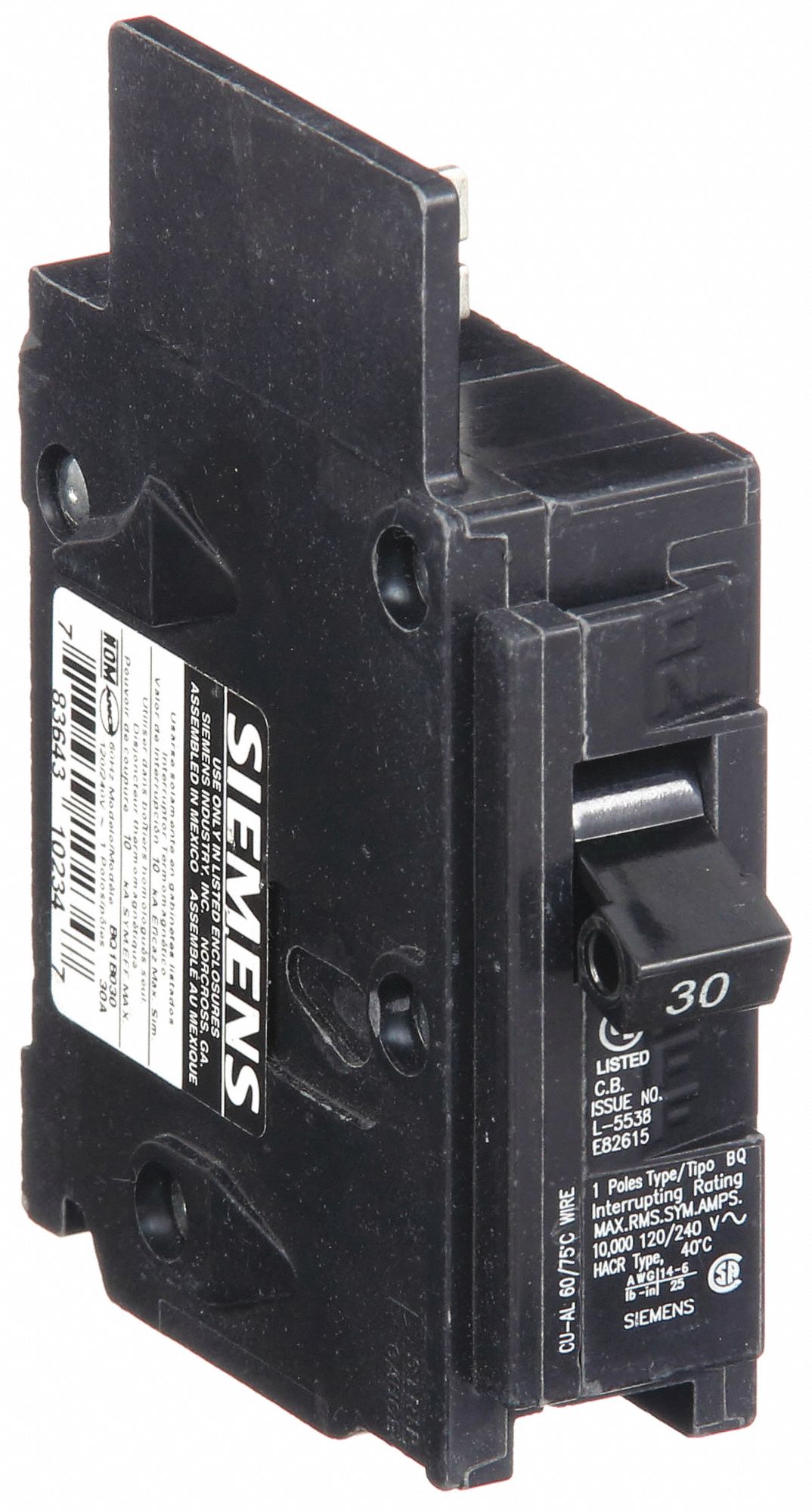 Miniature Circuit Breaker: 30 A Amps, 120V AC, 1 Poles, Std