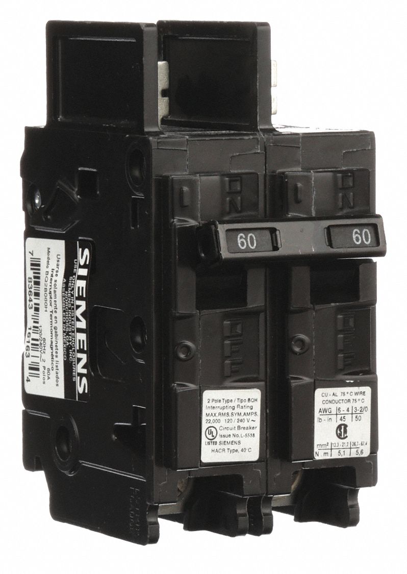 Miniature Circuit Breaker: 60 A Amps, 120/240V AC, 2 Poles, High Interrupting Capacity