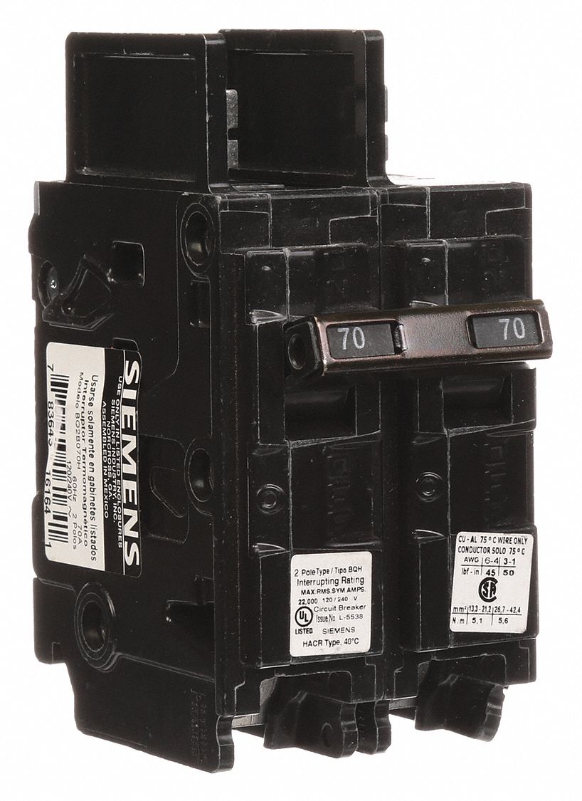 Siemens Bolt On Circuit Breaker, 70 Amps, Number Of Poles: 2, 120 