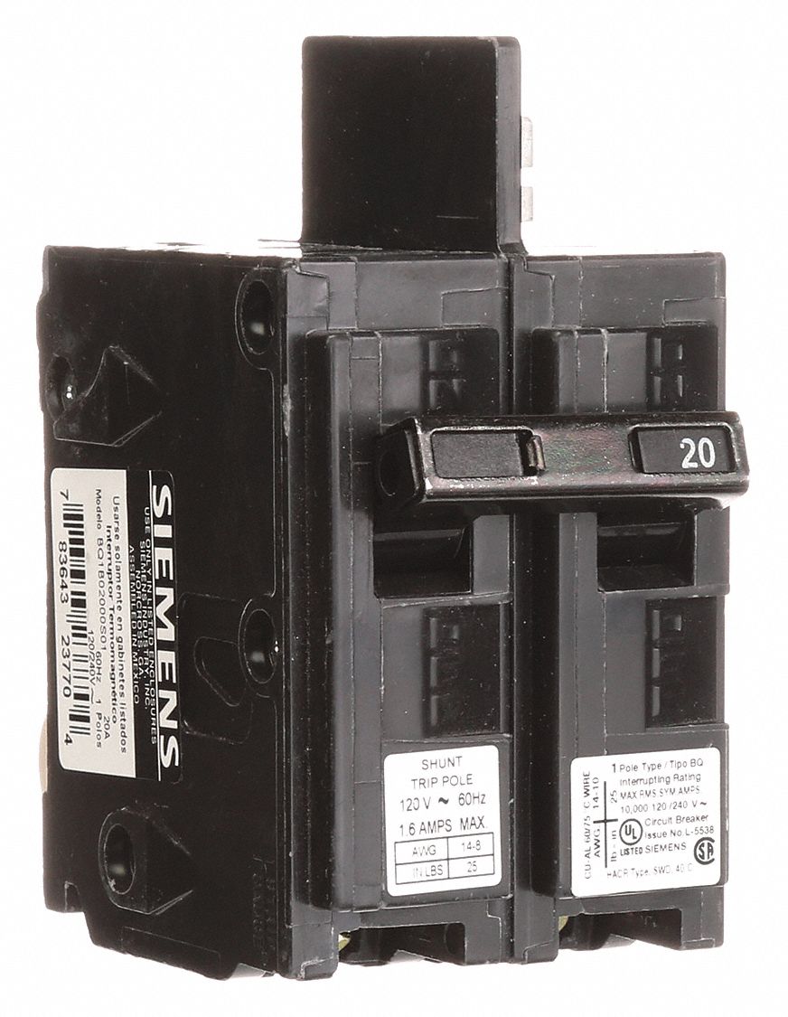 Miniature Circuit Breaker: 20 A Amps, 120V AC, 1 Poles, Shunt Trip