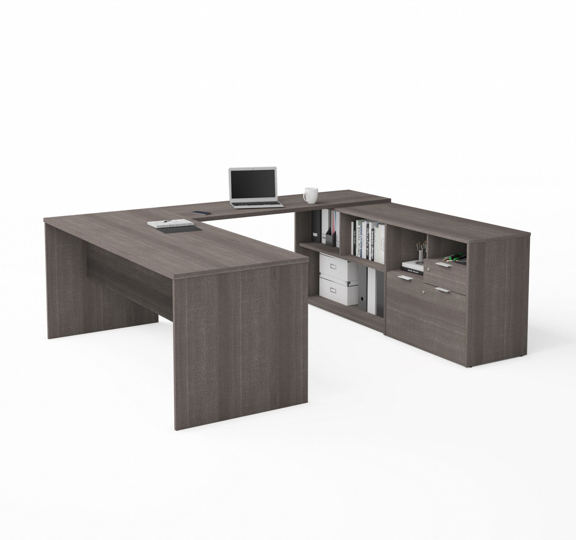 U-Shaped Office Desk: Bark Grey, 71 1/8 in Overall Wd, 88 5/8 in Overall Dp, Bark Grey