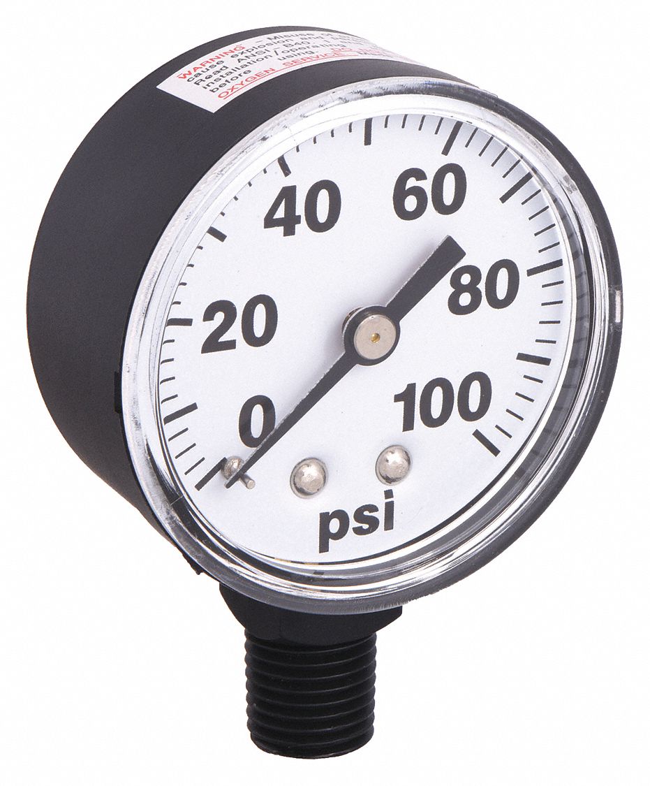 PRESSURE GAUGE,0 TO 100 PSI,2IN,1/4IN