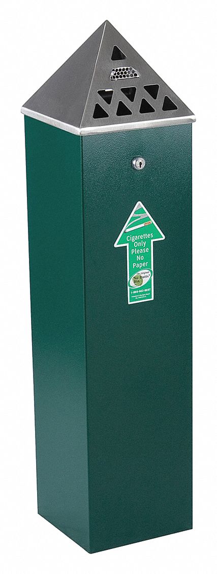 Cigarette Receptacle: 1 3/4 gal Capacity, 33 in Ht, 8 in Wd, 8 in Base Dia., Green