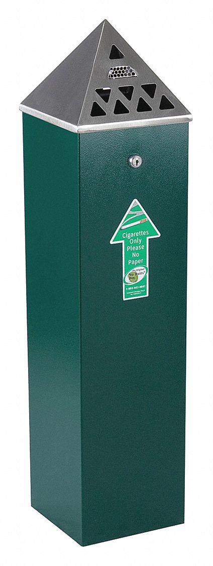 Cigarette Receptacle: 1 3/4 gal Capacity, 33 in Overall Ht, 8 in Overall Wd, Green