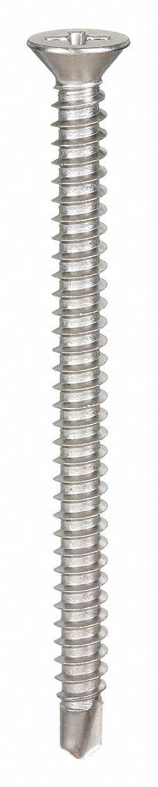 Self-Drilling Screw: #8 Size, 2 1/4 in Lg, Stainless Steel, Plain, Flat, Phillips, 410, 100 PK