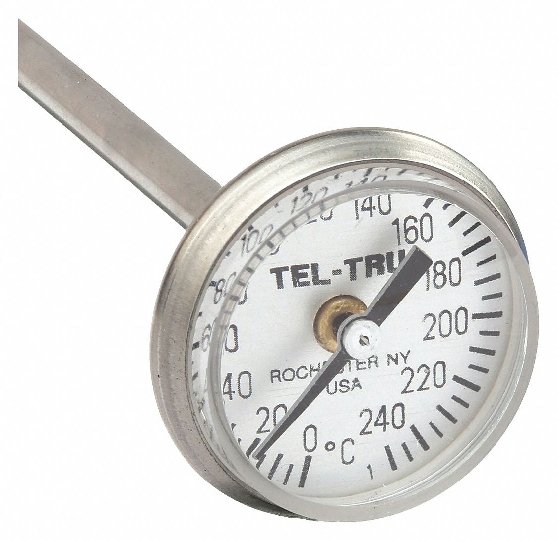 DIAL POCKET THERMOMETER, 1 IN DIAL DIAMETER, 5 IN STEM L, +/- 1% ACCURACY, 0.15 IN STEM DIA