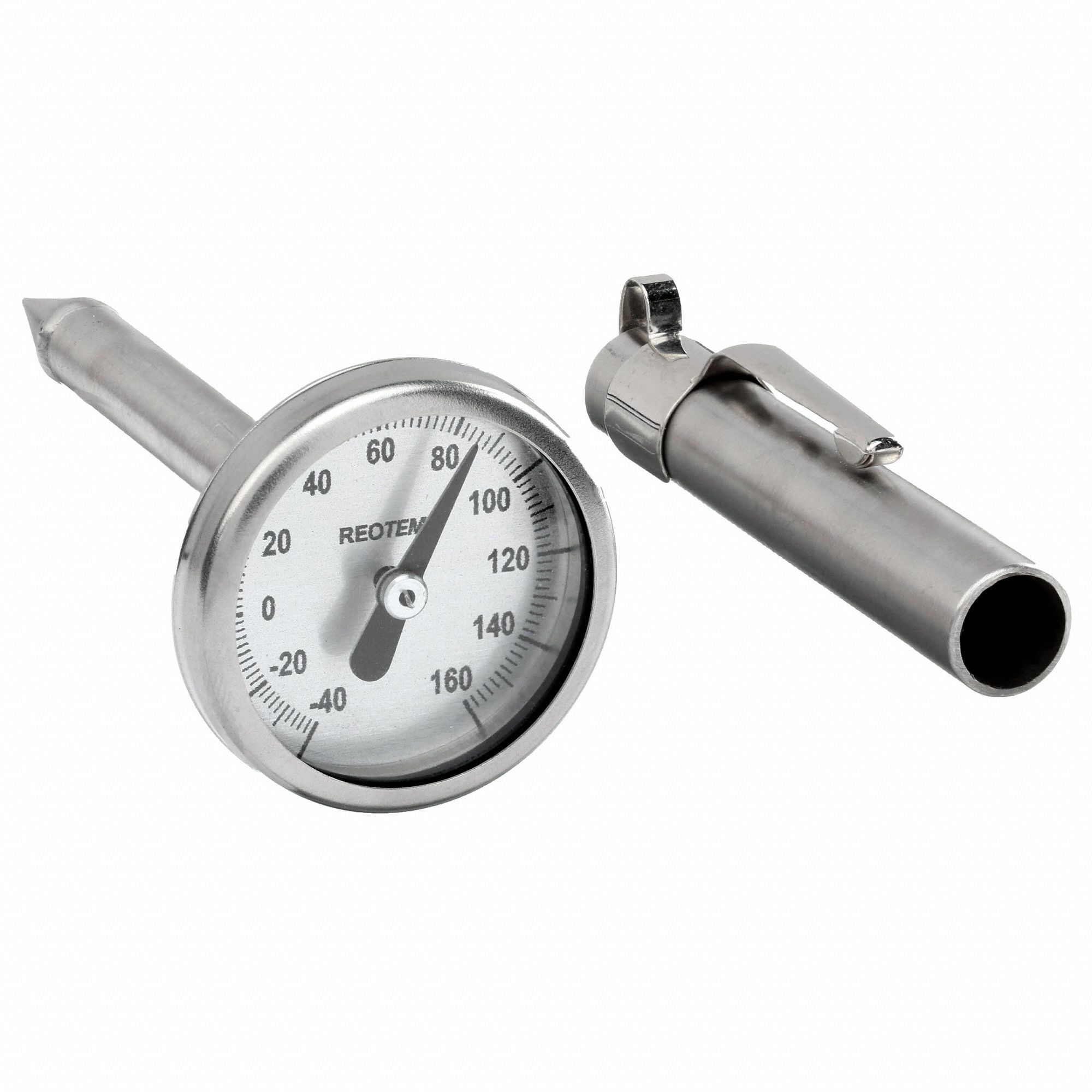 REOTEMP Dial Pocket Thermometer 1 5/32 in Dial Dia, 2 in Stem Lg