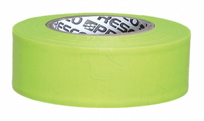 Flagging Tape: Fluorescent Green, No Legend, No Pattern, 150 ft Lg, 1 3/16 in Wd, Vinyl