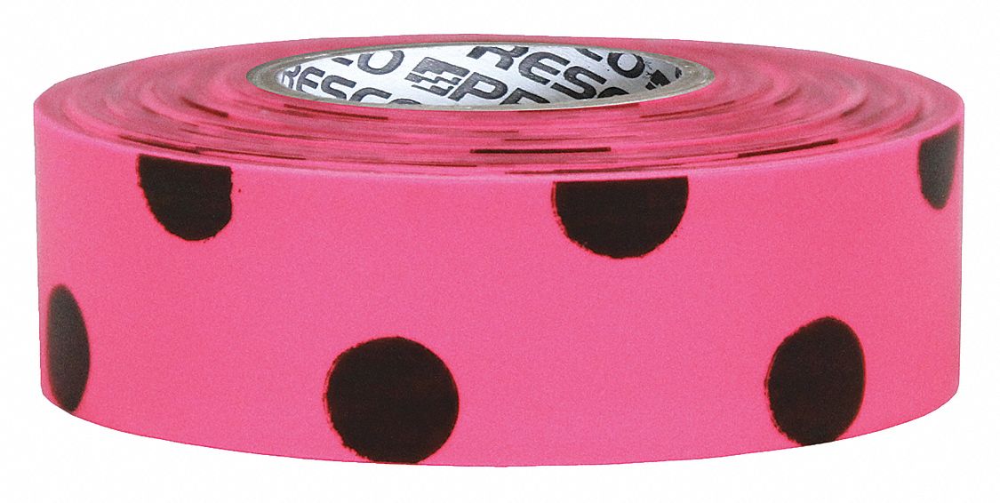 Flagging Tape: Black/Fluorescent Pink, No Legend, Polka Dot, 150 ft Lg, 1 3/16 in Wd, Vinyl
