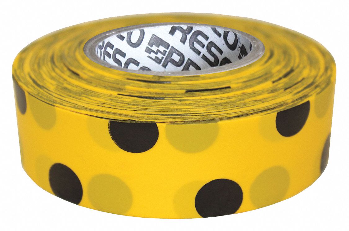 Flagging Tape: Black/Yellow, No Legend, Polka Dot, 300 ft Lg, 1 3/16 in Wd, Vinyl