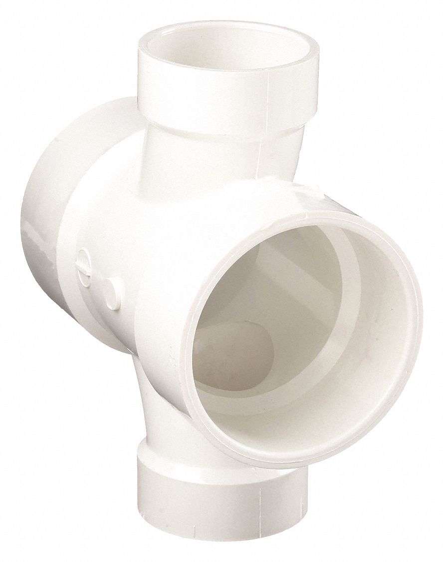 Double Sanitary Reducing Tee: Schedule 40, 3 in x 3 in x 2 in x 2 in Fitting Pipe Size, White