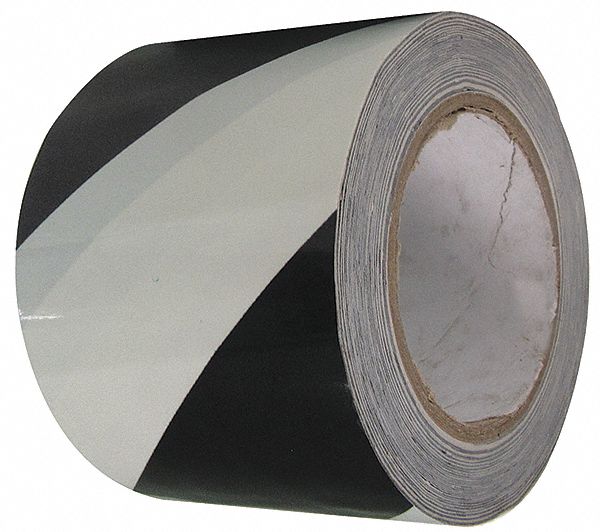 Floor Marking Tape: Gen Purpose, Striped, Black/White, 3 in x 108 ft, 8 mil Tape Thick