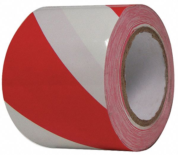 Floor Marking Tape: Gen Purpose, Striped, Red/White, 3 in x 108 ft, 8 mil Tape Thick