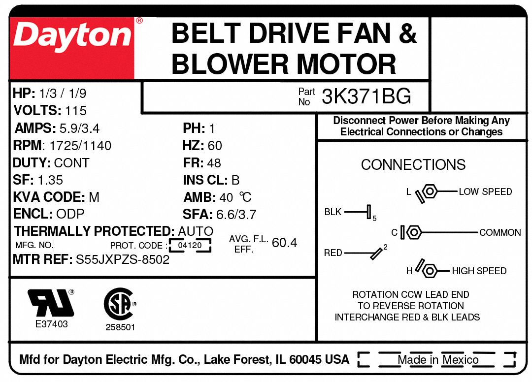 DAYTON Belt Drive Motor: 2 Speed, Open Dripproof, Cradle Base Mount, 1/ ...