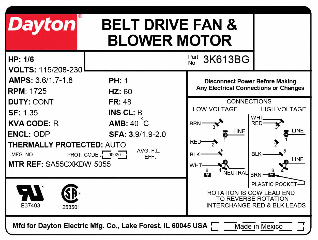 Dayton 5WJC3 1/6 HP 1625 RPM 115v 4 Speed Room Air Conditioner Motor for sale online