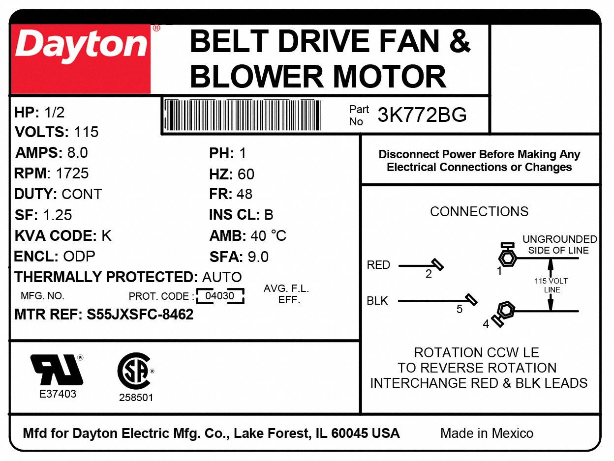 DAYTON Belt Drive Motor: 1 Speed, Open Dripproof, Cradle Base Mount, 1/ ...