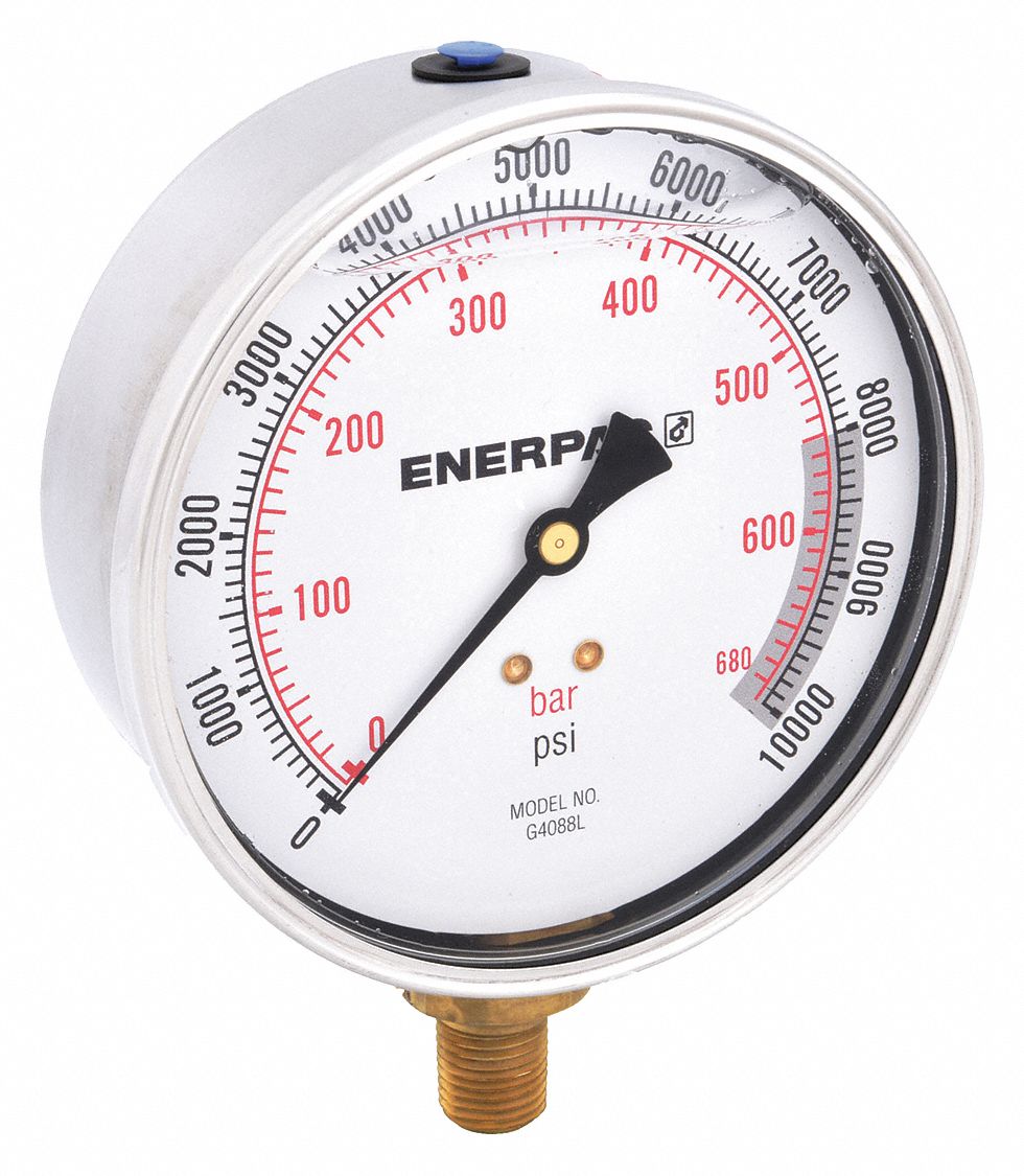 ENERPAC Hydraulic Cylinder Pressure Gauge: 0 to 10,000 psi psi, 4 in Dial,  Liquid-Filled, Bottom, G