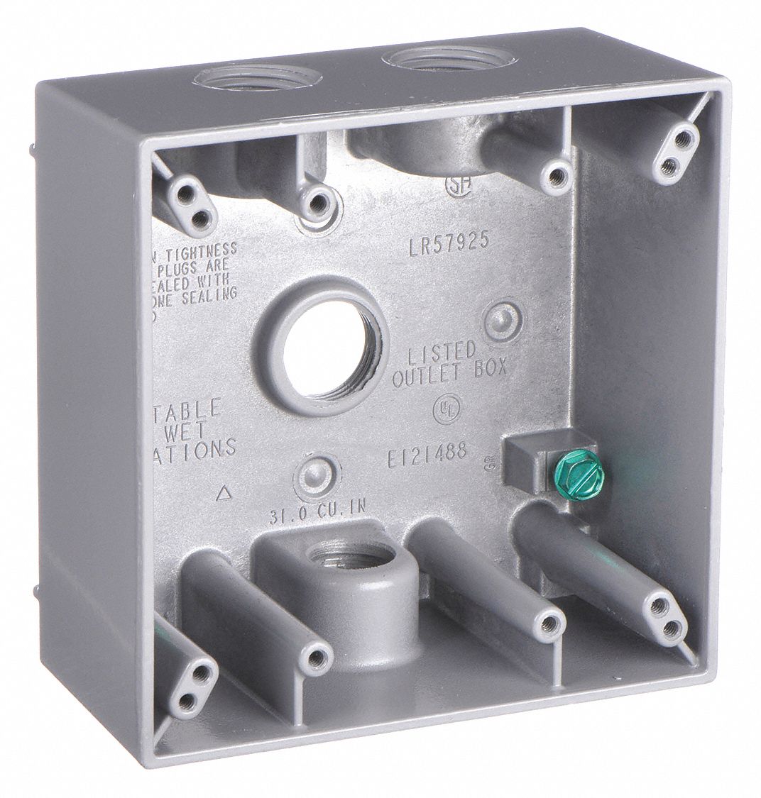 WEATHERPROOF ELECTRICAL BOX, ALUMINUM, 2 GANGS, ½ IN HUB SIZE, 31 CU IN CAPACITY, GREY, 3R