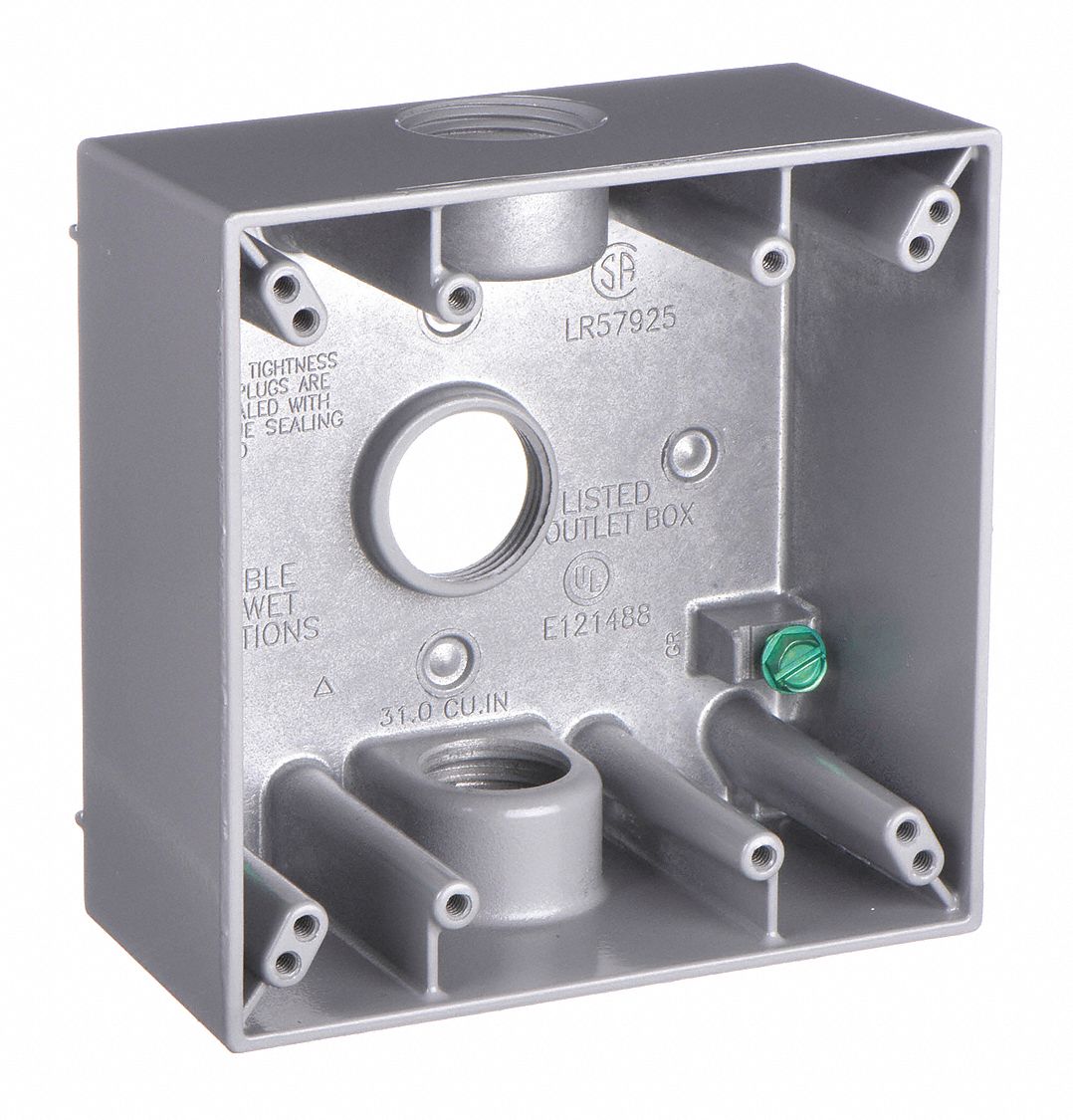 BELL Weatherproof Electrical Box: 2 Gangs, 3/4 in Hub Size, 3 Inlets, 4.56  in Lg, 4.58 in Wd